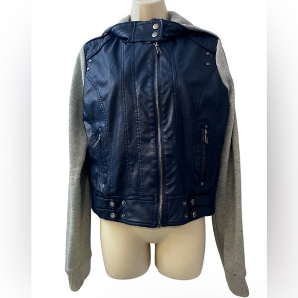 New Look Women’s L Navy Faux Leather Moto Jacket with Gray Hood & Sleeves - Picture 1 of 14